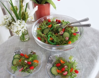 Miniature Salad 1:4 Scale SET Mixed Lettuce Greens and Veggies in Large Bowl with 2 Plates - Realistic Food for Fashion Dolls & BJD Figures