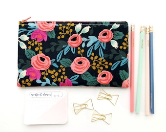 Rifle Paper Co Fabric Zipper Pouch, Pencil Case, Rosa Floral Pencil Pouch, Navy Cosmetic Bag, Bridesmaid Gift,
