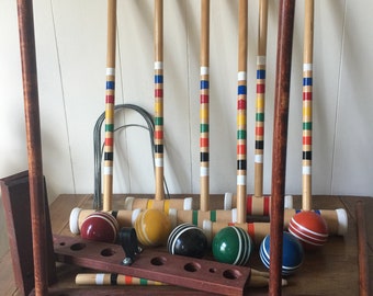 Vintage Skowhegan Croquet Set, Complete Croquet Set, Vintage Croquet Set with Storage Rack, Forster MFG.