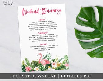 Printable Tropical Weekend Itinerary | Itinerary Template | Editable | Hens Weekend | Hens Party | Bachelorette | Birthday | Tropical Palm
