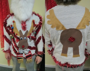 Homemade Custom 3-D Hysterical Reindeer Tacky Ugly Christmas Sweater Wild Garland Light UP Mens Womens Long Sleeve