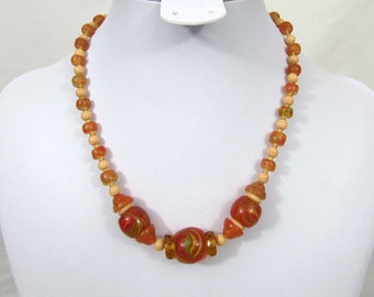 Czech glass choker necklace - Deco-30s Amber & apricot beads - 15.5" - marked