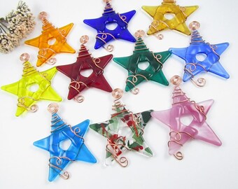 10 Fused Glass Star Ornaments Wrapped With Copper Wire - Your Choice of Colors - Colorful Glass Star Christmas Ornaments Handmade Glass Star
