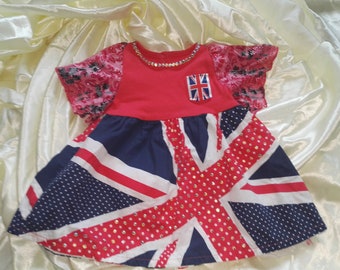 Upcycled 3-6 months union jack dress with diamonte detail