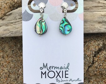Abalone Earrings Paua sea shell earrings with Sterling Silver shell design and push back earing closures