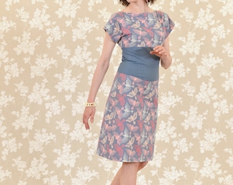 Dress Bio-Tsubaki: organic cotton, blue-grey, white, rose, birds
