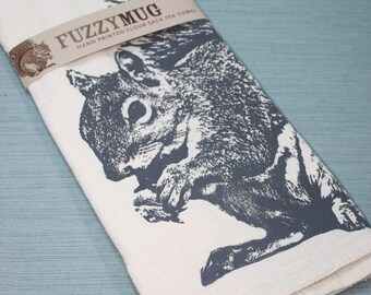 Squirrel Tea Towel in Gray - Hand Printed Flour Sack Tea Towel (Unbleached Cotton)