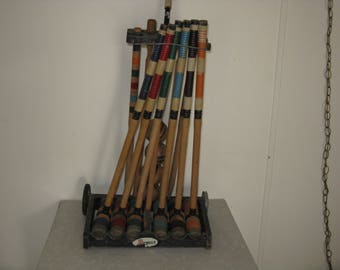 Vintage Regent croquet set with stand/holder has wear missing 2 balls wood and rubber