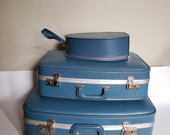 Blue Luggage Set | Vintage Hardcase 3 Piece Luggage Set | Blue Suitcase Set | Vintage Suitcases | Mid Century Hard Suitcases