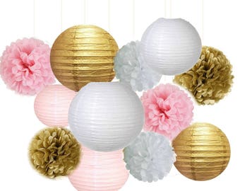Set of 12 Mixed Gold Pink White Party Tissue Pom Poms Paper Lantern Baby Shower Birthday Wedding Neutral Hanging Decoration