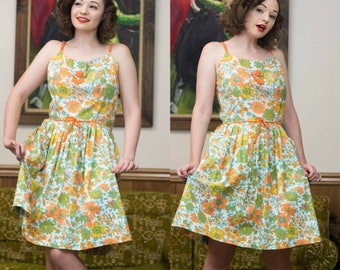 1960s Floral Dress | 60s Flower Dress | 60s Dress | 1960s Dress | Floral Cotton Dress | Fit & Flare | 60s Full Skirt | 60s Day Dress | 30"