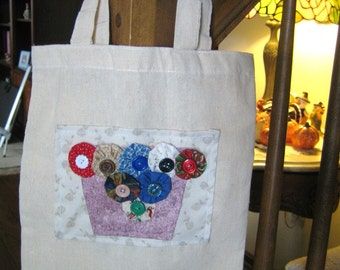 Small Yo Yo Patchwork Canvas Tote - Flower Pot - Gift Bag