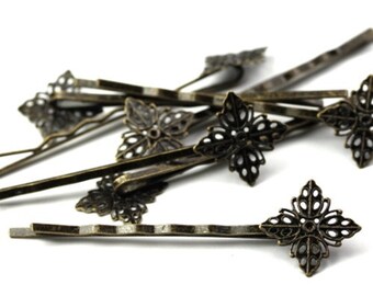Filigree Bobby Pins 17mm Diamond Pad Antiqued Brass (8) FI552