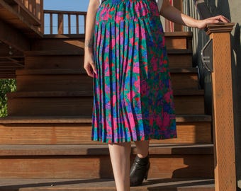 80's Floral Pleated Midi Skirt, Size M/L
