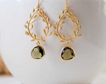Dark Olive Green Gold Leaf Wreath Dangle Earrings, Olivine Wedding Jewelry, Laurel Wreath earrings, Chandelier Earrings, gift for mom wife