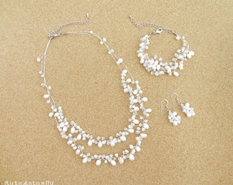 Jewelry set - White freshwater pearl necklace, bracelet, earring, bridal jewelry, wedding jewelry, white pearl jewelry set