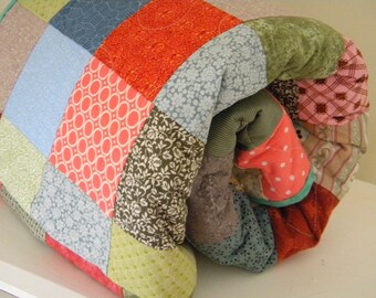 Quilts, Patchwork bed Quilt--Double/Picnic Size--81 X 81--beach pastels, retro vintage look, handmade cotton bedding, pinks, peaches