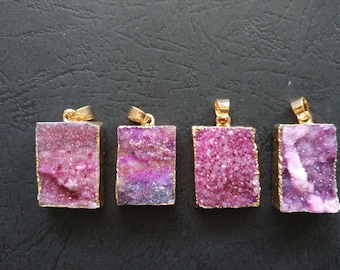 10pcs Violet Pink Druzy Agate Pendant Rectangle 20x25mm- Gold plated-SIMILAR AS Pictured