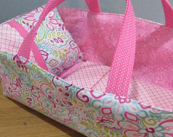 Doll Carrier, Pink and Aqua with Pink Paisley Lining, 14 Inches Long, Baby Doll Basket