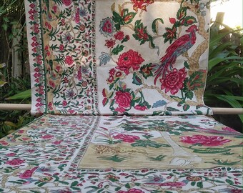 Antique Indian Raj Cotton Block Print Portiere Panel Tree-of-Life Exotic Birds Kangaroo Lion Peacock Palm Papaya Vines Blossoms Palampore