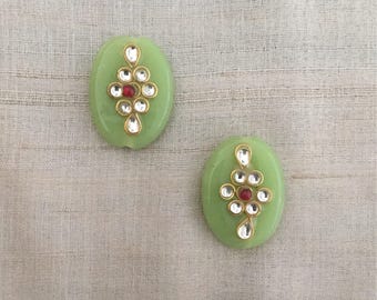 Mint Green Glass Buttons Beads,Indian Oval Kundan Button Rajasthan Traditional Handmade Button,Sewing Jewellery Flat Back Bead,2X2.5cm,2 pcs