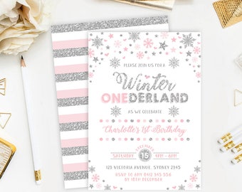 Silver and Pink Winter ONEderland First Birthday Invitation. Snowflake Girls Party Invitation. Winter Birthday Invite. Silver Stars. WINT14