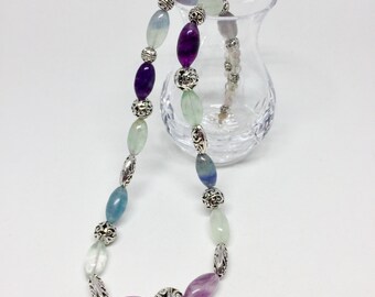 Rainbow fluorite necklace, rainbow fluorite jewelry, purple stone necklace, purple stone jewelry, green stone necklace, purple green jewelry
