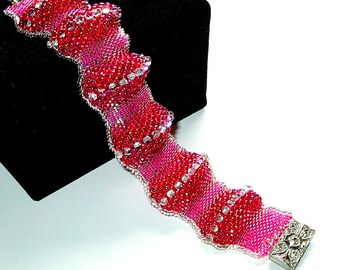 Fuchsia & Hot Pink Beadwoven Cuff Bracelet, Hand Made