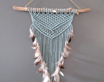 Macrame wall blue wood driftwood and feathers