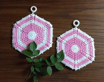 Vintage Crochet Trivets, Hot Pads, Pink & White Hexagon Design, 6 Inch, Pot Holders, Kitchen Decor
