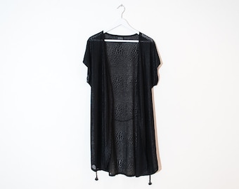 on sale - sheer black animal night robe / open cap sleeve cover-up / size L