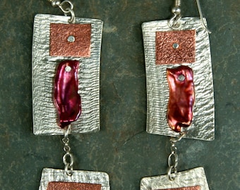 Wine pearl, copper and sterling earrings