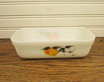 Fire King Milk Glass Baking Dish 1940s peach and grapes