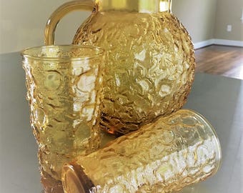Vintage Anchor Hocking Amber Lido Milano Water Pitcher Carafe Amber Crinkle With Two Glasses