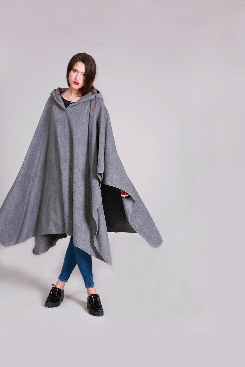 Gray Fleece Poncho Plus Size Cape Hooded cape Fleece Cape