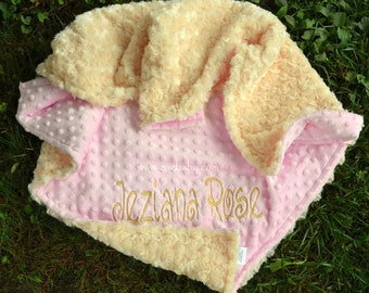 Baby Blanket - Banana Minky Swirl-Baby Pink Minky-Personlized-Baby Girl-Minky Blanket