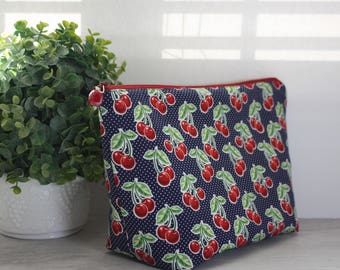 Large Red Cherry on Blue Zipper Make-up bag, Cosmetic bag, Wet bag, Travel bag, Cotton, Zipper Pouch with Water-Resistant Lining