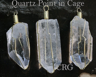 Gold Plated Caged Quartz Point Pendant 1.5"-2" (CA3BT)
