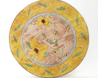 Yellow Floral themed dinner plate - earthenware, handbuilt food safe plate made by Kaitlyn Brennan/Brennan Pottery
