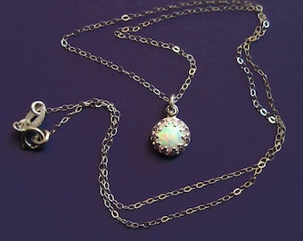 Tiny Sterling Silver Crown Bezel and Synthetic Opal Necklace