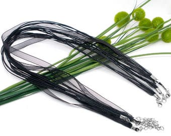 2 black 43 cm waxed cotton thread and organza Ribbon necklaces