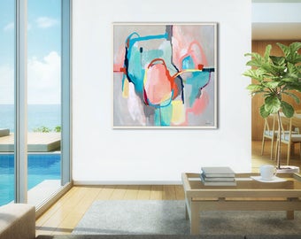 Abstract print, large gray abstract painting print, abstract canvas art large, pink, blue, grey abstract art print, large GICLEE PRINT