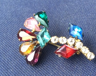 Vintage Czechoslovakia Colored Cut Glass Flower Brooch