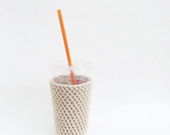 iced coffee cozy. Crochet coffee cozy. Tan cup cozy. Cotton cup sleeve. Eco friendly cup jacket. Summer drink cozy. Light Brown Cozy
