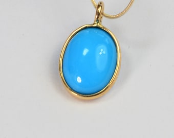 18k Solid Yellow Gold Sleeping Beauty Turquoise Oval Cabochon Bezel Pendant Charm