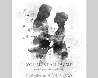 Pride and Prejudice Quote ART PRINT illustration, Jane Austen, Mr. Darcy, Elizabeth, Wall Art, Home Decor, Black and White, Gift