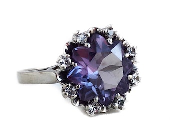 Created Alexandrite Ring - 10k White Gold Diamond 2.10 CT Alexandrite Color Change Purple Blue Gemstone Ring Size 6
