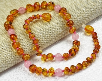 Amber necklace, baby amber necklace, Baby Teething Necklace. Baltic amber. Necklaces 28 - 45 cm. Natural Rose Quartz
