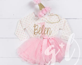 First Birthday Outfit, First Birthday Dress, Pink and gold birthday, 1st birthday outfit, 1st birthday dress, polka dot, long sleeve