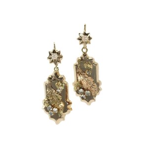 Floral Victorian Gold Earrings - Antique dangle earrings 18K yellow red gold paste stones seed pearls c.1880